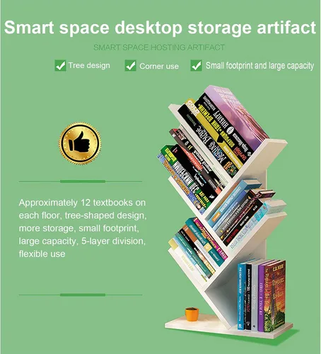 Vista 6 de Estantería de árbol de 4 niveles, estantería de pie para libros que ahorra espacio, estante organizador de almacenamiento de revistas, estante