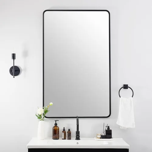 Vista 55 de Espejo de latón para baño, espejo rectangular redondeado de 22x30 pulgadas con marco de metal cepillado dorado, espejo de tocador de baño sin