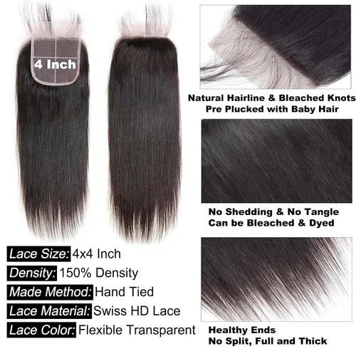 Vista 4 de Cierre de encaje de cabello humano lacio 4x4, parte libre HD, encaje suizo 100% sin procesar, cabello virgen brasileño 150% de densidad, color negro