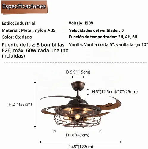Vista 4 de Ventilador de techo retráctil de 48 pulgadas con luces, lámpara industrial oxidada inversa con control remoto para sala de estar, comedor