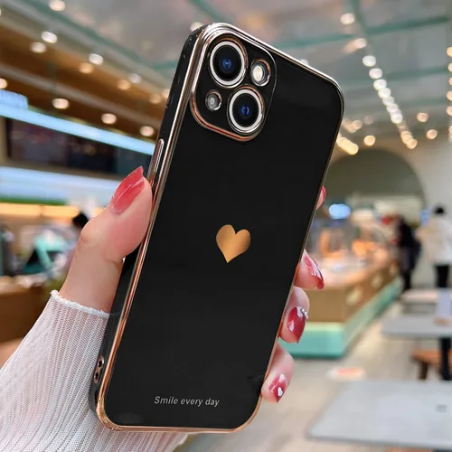Vista 2 de Teageo - Funda para iPhone 13 mini para mujeres y niñas, diseño de corazón de amor, color negro Luxury Bling Plating Soft Back Cover Raised Full