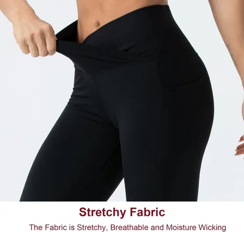 Vista 5 de THE GYM PEOPLE Leggings capri de entrenamiento con cintura cruzada en V para mujer, con control de abdomen, pantalones de yoga con bolsillos