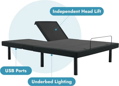 Vista 2 de Ergomotion Duetto - Cama ajustable con parte superior dividida, elevación de cabeza independiente, gravedad cero, anti-ronquidos, iluminación debajo