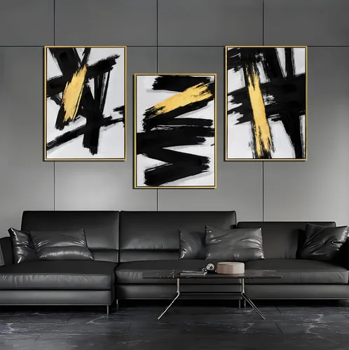 Vista 6 de Sofoney - Lienzo abstracto enmarcado en oro negro y dorado, impresiones artísticas 3D texturizadas con pinceladas negras con lámina dorada
