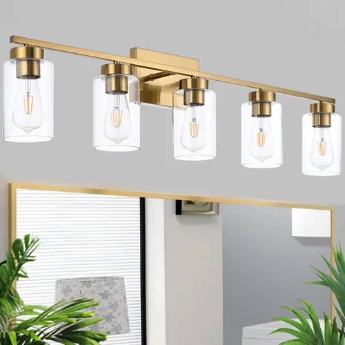 Vista 10 de Lámpara de tocador de baño de 3 luces, modernas luces de pared negras con pantallas de vidrio transparente, lámpara de pared de baño para espejo 3