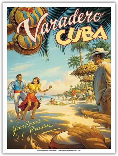 Vista 9 de Varadero Cuba - Paraíso para todo el año - Bailarines cubanos nativos con maracas - Póster de viaje vintage por Kerne Erickson - Impresión artística