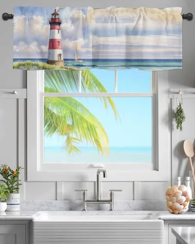 Vista 12 de Cenefas de verano para cocina, cafetería, acuarela azul océano playa, cenefa corta de 42 x 12 pulgadas, bolsillo para barra, cortinas de tratamiento