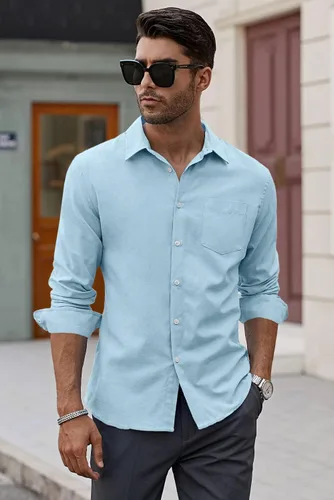 Vista 4 de JMIERR Camisas de algodón para hombre, camisa de vestir a rayas con botones y manga larga
