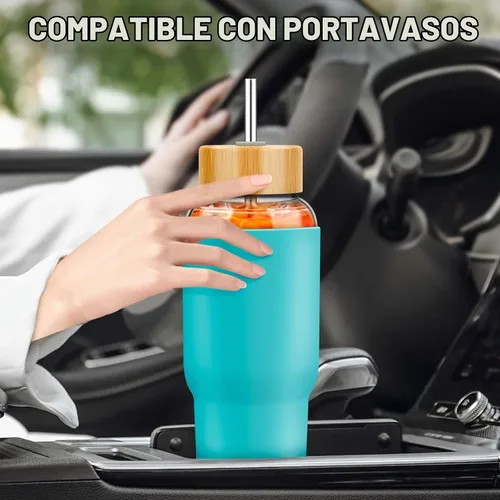 Vista 5 de PROBTTL Botellas de agua de vidrio de 32 onzas, vaso de vidrio de 1 litro, botella de agua de borosilicato con popote, funda de silicona, 2 tapas