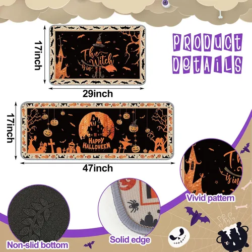 Vista 3 de Timgle 2 alfombras de Halloween con diseño de calabaza y esqueleto, diseño de bruja, para cocina y baño, decoración gótica para Halloween, hogar