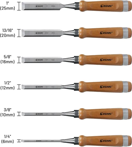 Vista 4 de EZARC Juego de herramientas de cincel de madera de 6 piezas, kit de cincel de tallado de carpintería con estuche de madera prémium para carpintero