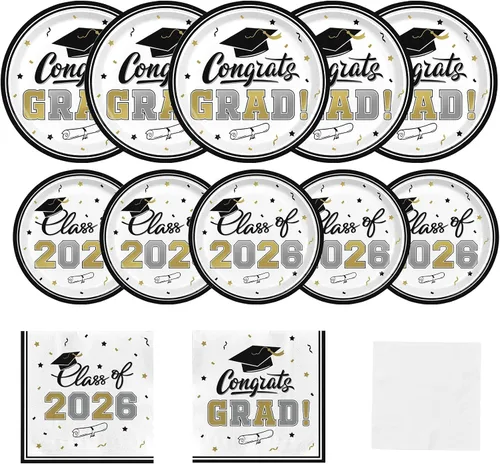 Vista 14 de Platos y servilletas de fiesta de graduación, decoraciones de graduación de clase de 2026, platos de papel desechables negros y dorados, servilletas