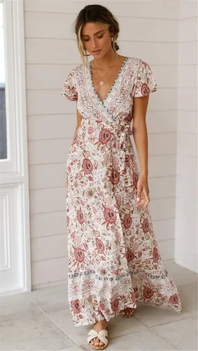 Vista 2 de PRETTYGARDEN Women Boho Summer Side Split Deep V Neck Short Sleeves Maxi Dress with Belt