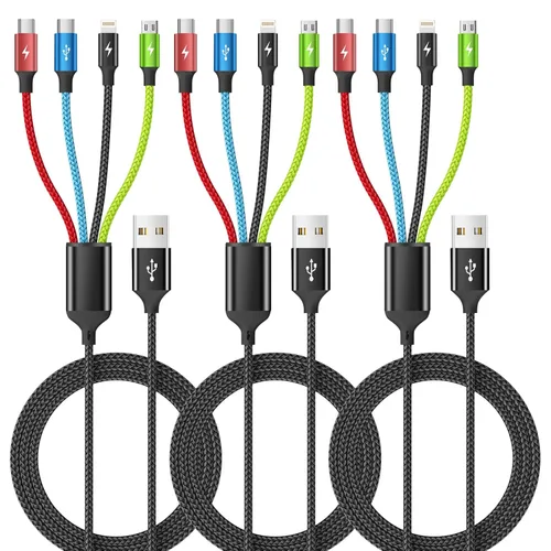 Vista 25 de 4 in 1 Multi Charging Cable, 2 Pack 6FT Charging Cords for Devices Nylon Braided USB C Car Charger Cable with Dual USB-C, IP & Micro Ports, Long