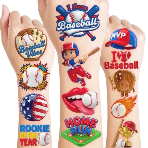 Vista 10 de 120 tatuajes temporales precortados para deportes de béisbol para niños Super Cute Baseball Themed Birthday Party Favors, Supplies, Decorations