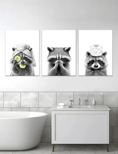Vista 5 de Adorable póster artístico de mapache para baño, divertido póster de decoración de pared en blanco y negro, impresiones en lienzo de animales lindos