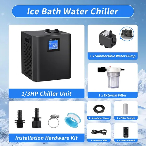 Vista 6 de Enfriador de agua para baño de hielo, enfriador de inmersión en frío de 1/3 HP con filtro externo, almohadilla de filtro y bomba, enfriador de agua