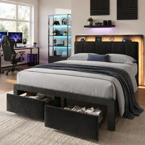Vista 3 de Base de cama de tamaño matrimonial, cama de plataforma tapizada con 2 cajones de almacenamiento, cabecera de canal vertical de terciopelo con luces