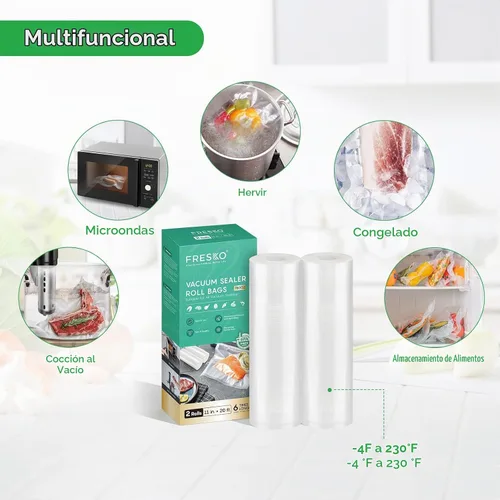 Vista 2 de FRESKO Rollos de bolsas de sellado al vacío 2 paquetes de 11" x 20', Bolsas de grado comercial para sellar una comida para almacenamiento