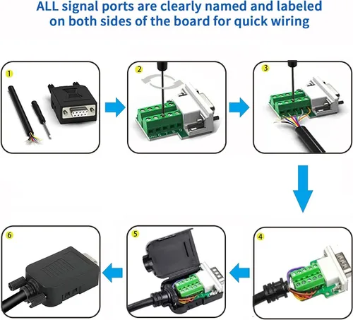 Vista 4 de DB9 Conector de ruptura, (2 unidades, macho+2 piezas hembra) DB9 placa de ruptura sin soldadura RS232 D-SUB DB 9 macho hembra bloque de terminales
