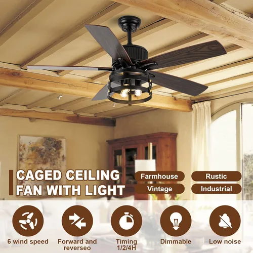Vista 3 de Ventiladores de techo rústicos de granja con luces y control remoto, ventilador de techo para exteriores para patios con luz, ventilador de techo