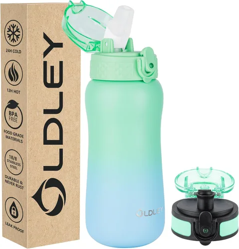 Vista 23 de Botella de agua aislada Oldley de 12 oz con pajita, botella de agua de acero inoxidable con 2 tapas, botellas de doble pared con vacío para adultos