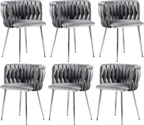 Vista 14 de Juego de 2 sillas de comedor de terciopelo, sillas laterales tapizadas tejidas con patas de metal negro, sillas decorativas modernas, sillas