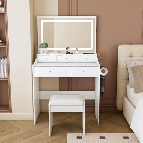 Vista 11 de Escritorio de tocador con espejo de luz LED, mesa de tocador de maquillaje con taburete, 5 cajones, soporte para secador de pelo, toma de corriente