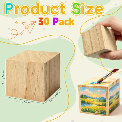 Vista 2 de Cheardia Paquete de 30 bloques de madera de 2 pulgadas para manualidades, cubos de madera sin terminar, bloques cuadrados en blanco para hacer