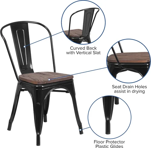 Vista 4 de EMMA + OLIVER Silla apilable de metal negro con asiento de madera