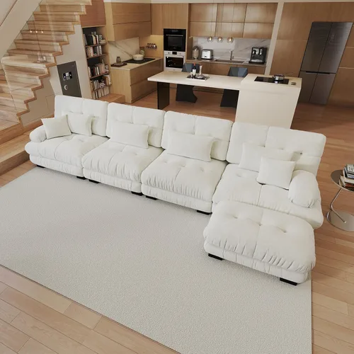 Vista 45 de Sofá modular de gran tamaño de 94 pulgadas, sofás seccionales grandes de color beige y blanco para sala de estar, juego de sofá de terciopelo, sofás