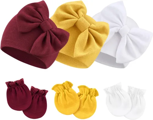 Vista 26 de BQUBO Gorros para Niñas Recién Nacidas Conjunto de Gorro y Manoplas para Bebé Gorros para Infantes con Moño Gorro de Hospital con Manoplas