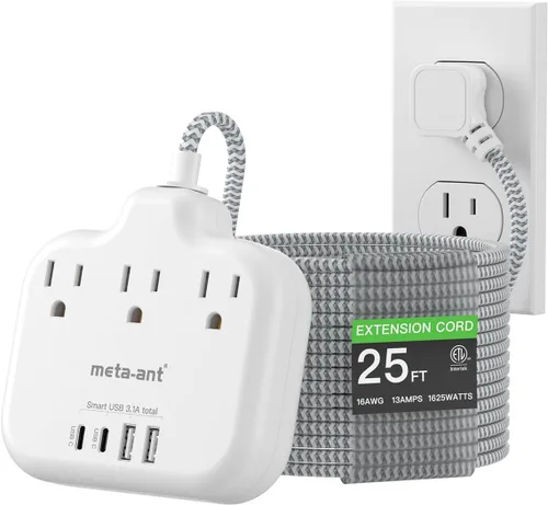Vista 14 de Divisor de enchufes múltiples, tira de alimentación de cable ultracorto de 0.2 pies de 1625 W, 3 tomacorrientes, 4 USB (2 USB-C), extensor
