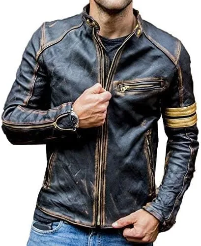 Vista 2 de Chaqueta de cuero vintage para hombre, estilo Cafe Racer