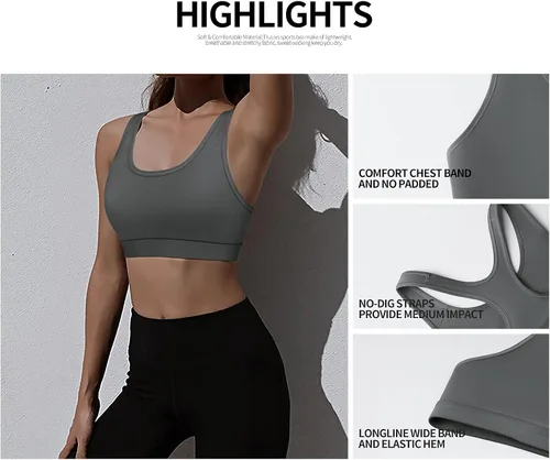Vista 5 de Bras Deportivas Mujer Impacto Mediano Racerback Sujetadores Deportivos para Mujer Pack, E sin acolchado gris, S