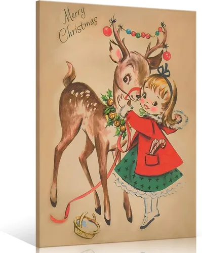 Vista 14 de uoyien Arte de pared vintage de Navidad, impresiones de pintura en lienzo, regalos de Navidad para niños, arte de pared estético de casa de campo