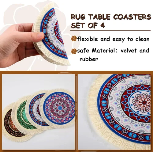 Vista 3 de 4 Piezas Posavasos de Mesa de Alfombra Portavasos de Mesa Diseño Oriental Tela Posavasos de Alfombra Diseño Oriental Tela Alfombras Elegantes