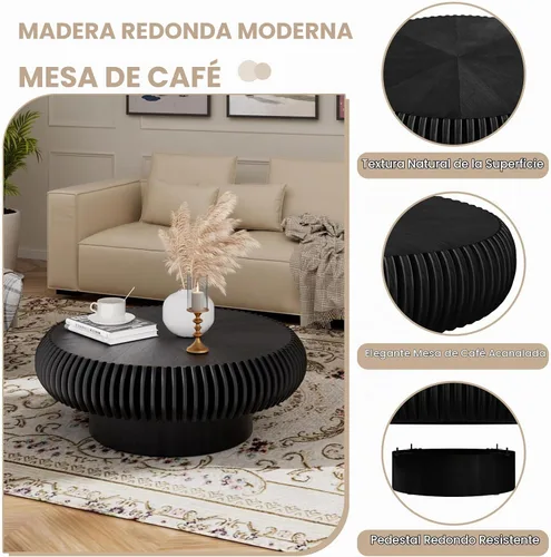 Vista 4 de Mesa de centro redonda de tambor estriado para sala de estar, 31.5 pulgadas