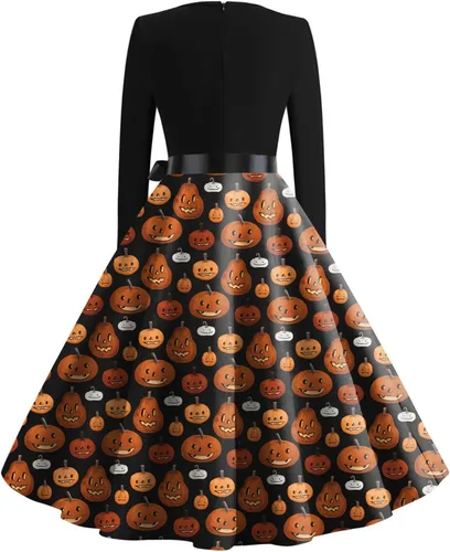 Vista 2 de Disfraces de Halloween para mujer, vestido de manga larga con estampado de calabaza 2023, para fiesta de cosplay, renacentista, faldas para mujer