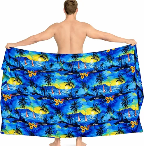 Vista 7 de LA LEELA Pareo de baño hawaiano pareo para hombre Azul
