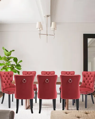 Vista 78 de Juego de 2 sillas de comedor de terciopelo con patas de madera, color beige Mid Century Modern Dining Chairs,Upholstered Chairs with Nailhead