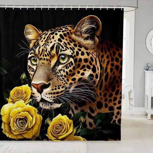 Vista 22 de Cortina de ducha con estampado de leopardo y gato con rosas rojas, 72 pulgadas de ancho x 72 pulgadas de largo, juego de cortina de ducha con flores