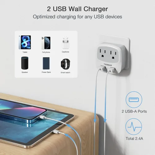 Vista 4 de TESSAN Convertidor de adaptador de enchufe europeo de viaje International Power Plug Converter, 2 USB Ports, Type C Outlet, US to Most of Europe