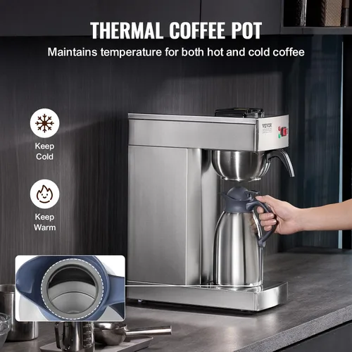 Vista 3 de VEVOR Cafetera de goteo comercial de 12 tazas, cafetera con jarra térmica para mantener el calor o el frío, cafetera de acero inoxidable