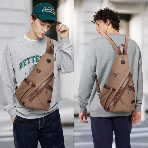 Vista 2 de WITZMAN Bolso bandolera de lona para hombres y mujeres, mochila convertible cruzada, estilo vintage, bolsa de pecho de viaje casual (A8003 marrón)