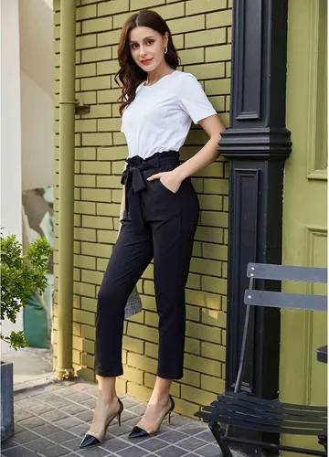 Vista 3 de KANCY KOLE - Pantalones paper bag de cintura alta y con bolsillos para mujer, con lazo, estilo casual, pantalones hasta el tobillo de la talla S a