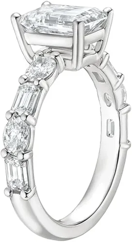 Vista 2 de IGI Anillo de compromiso de diamantes creados en laboratorio de 4.50 quilates con esmeralda blanca de excelente talla, cuatro puntas, con diamantes