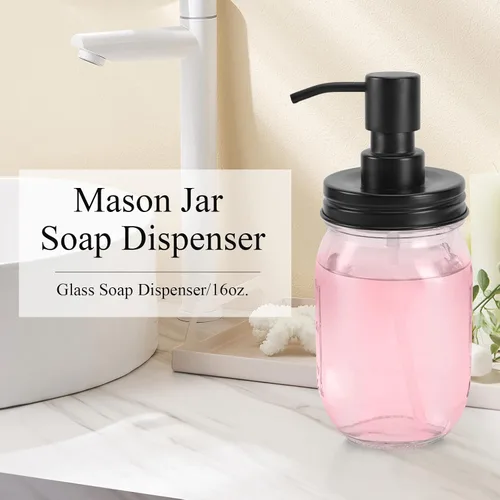 Vista 2 de Dispensador de jabón en tarro Mason de alta calidad, color negro, 16 onzas, hecho de acero inoxidable a prueba de óxido, dispensador de jabón