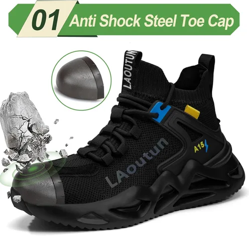 Vista 2 de LAoutun Zapatos con punta de acero para hombre, zapatos de trabajo, zapatos de seguridad, cómodos, ligeros, a prueba de pinchazos, zapatos