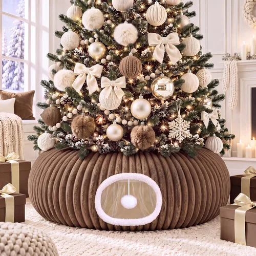 Vista 8 de Túnel de árbol de Navidad para gatos de 36 pulgadas, cama de dona, blanco
